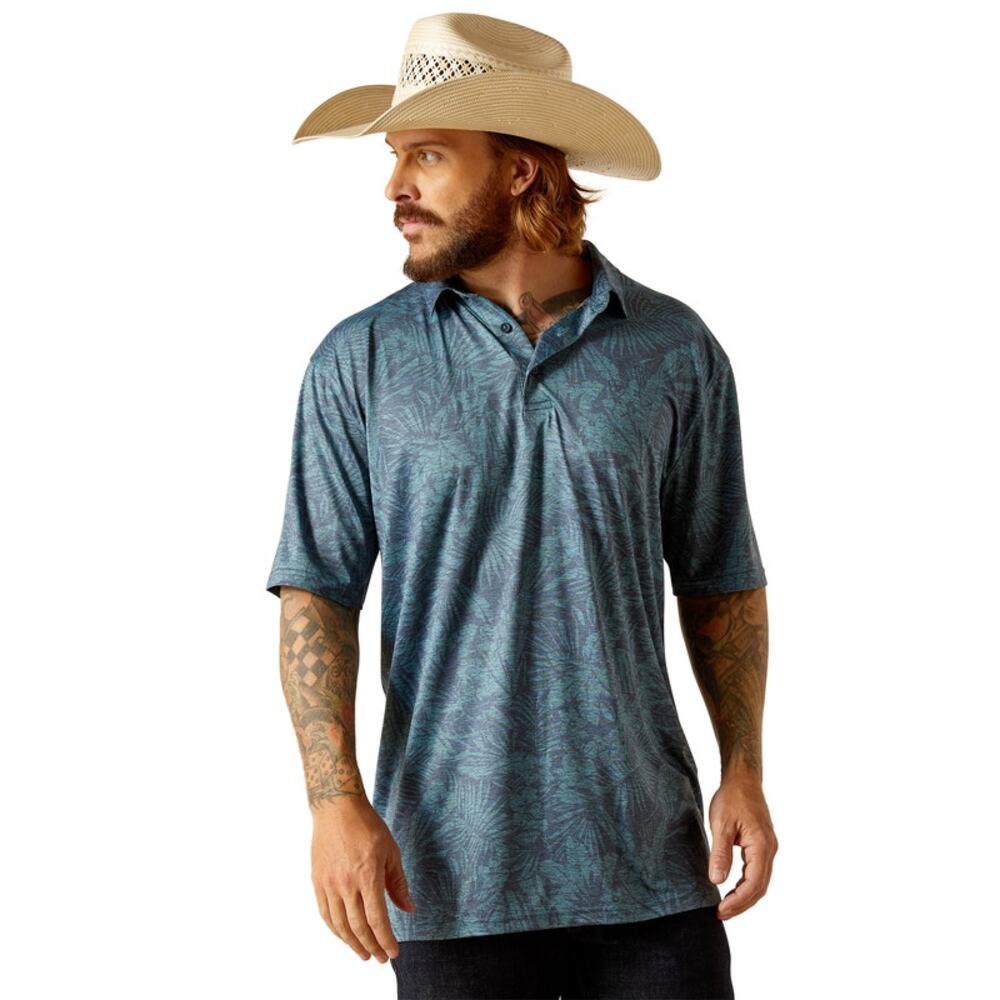 Ariat Men's Small Charger 2.0 Printed Short Sleeve‎ Polo Blue Atoll
